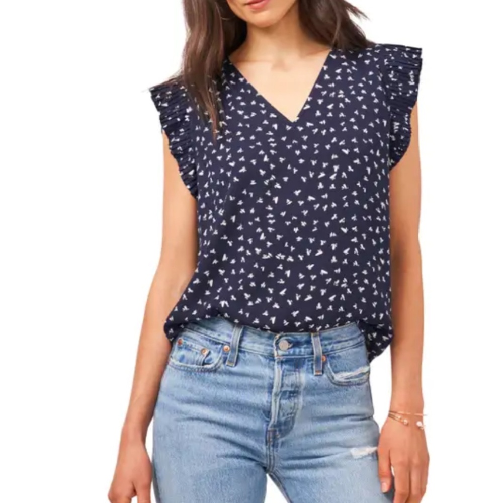 1.STATE V-Neck Flutter Sleeve Top Medium, DITSY BLUE